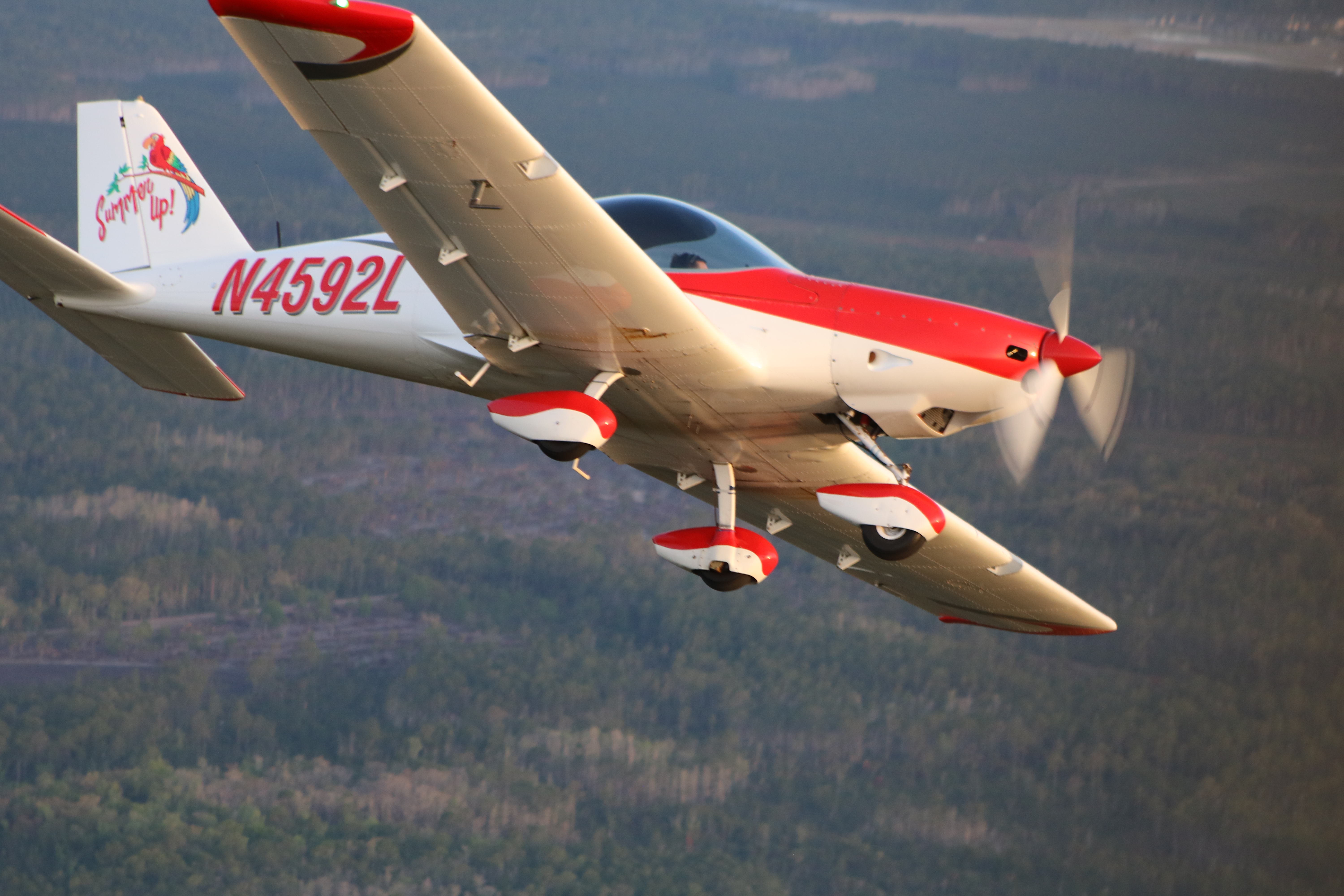 Red and white NG6 low-wing aircraft banking over the lush forests of Central Florida near New Smyrna Beach. The aircraft glides through clear skies, highlighting its sleek design and the stunning natural landscape, perfect for aviation enthusiasts and Florida travel lovers.